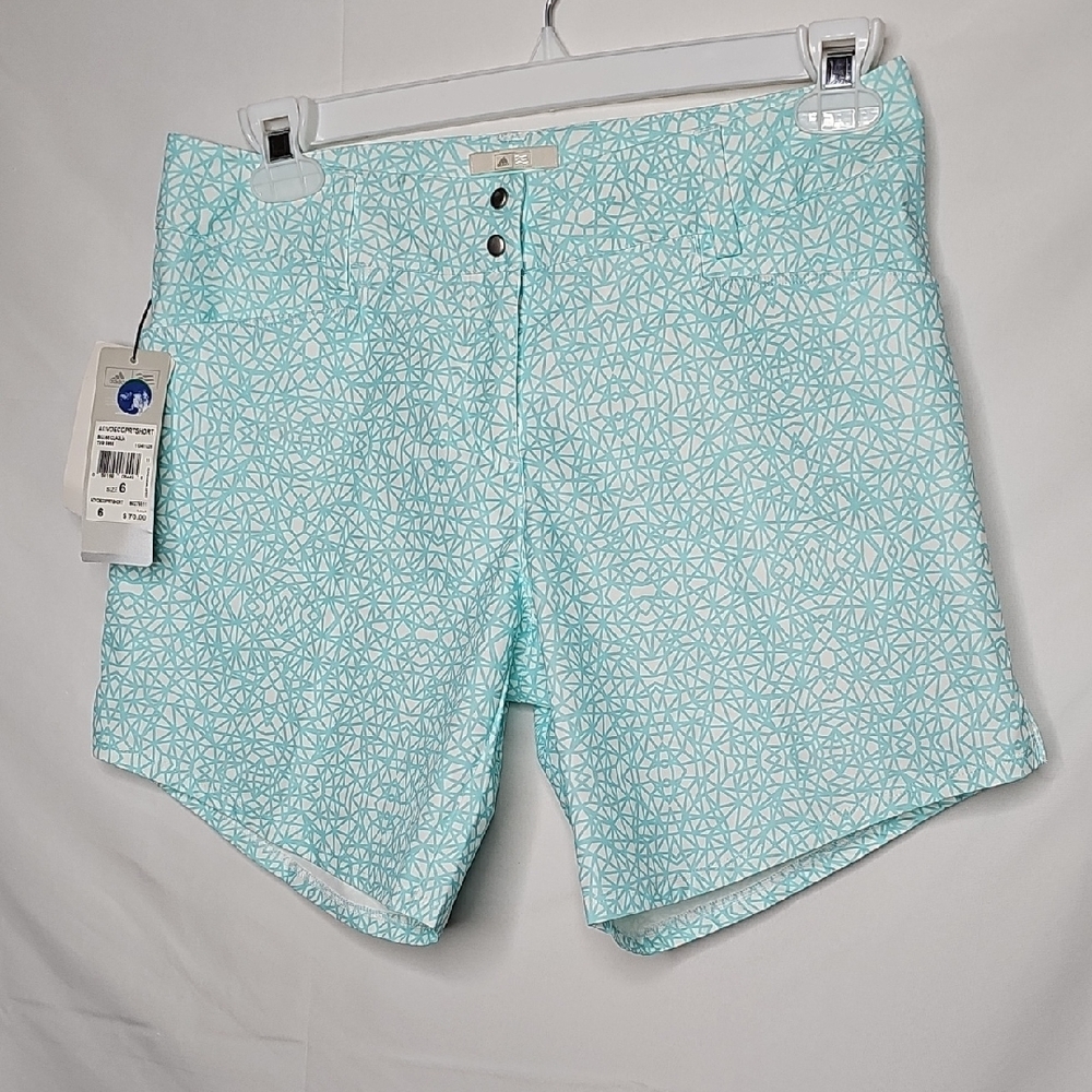 NWT Adidas Advanced Deco Print Aqua Blue And White High Rise Golf Shorts Sz 6